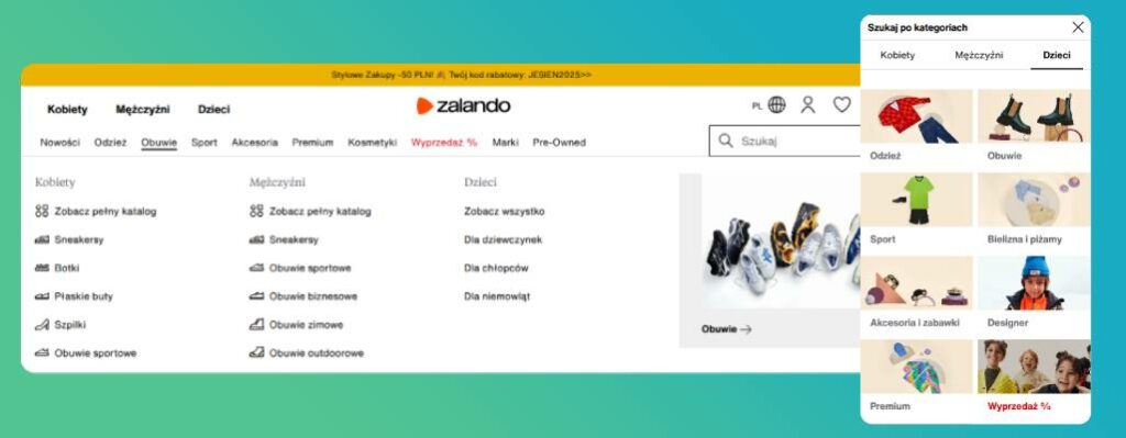 Przykład dobrze zorganizowanej nawigacji w e-commerce.